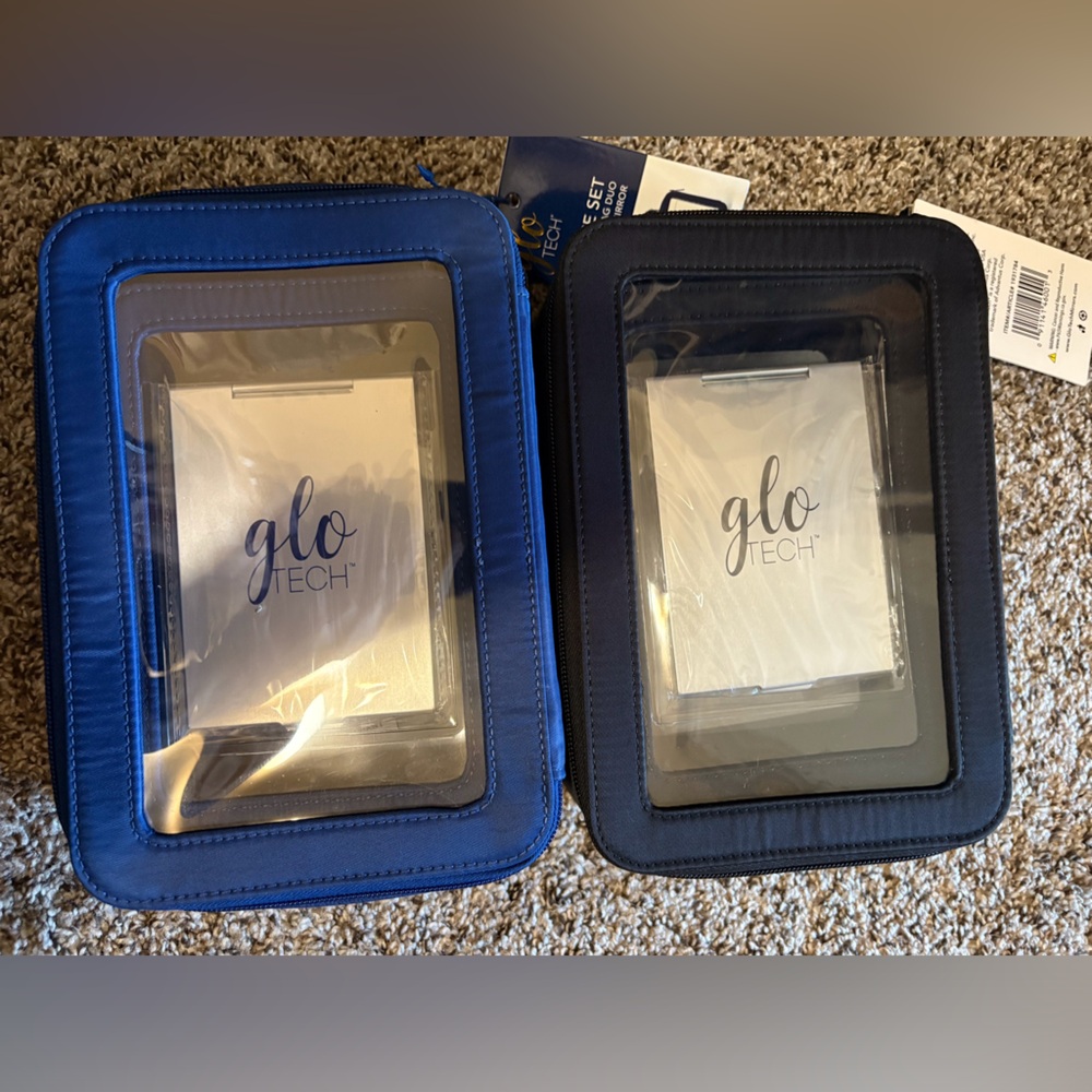 Glo Tech 3-Piece Cosmetic Bag Set + Compact Mirror,Travel Organizer Black/Blue